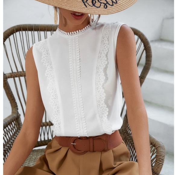 Rouge! Tops - White Elegant Sleeves Top Stand Collar, Trim Embroidered Floral Pattern